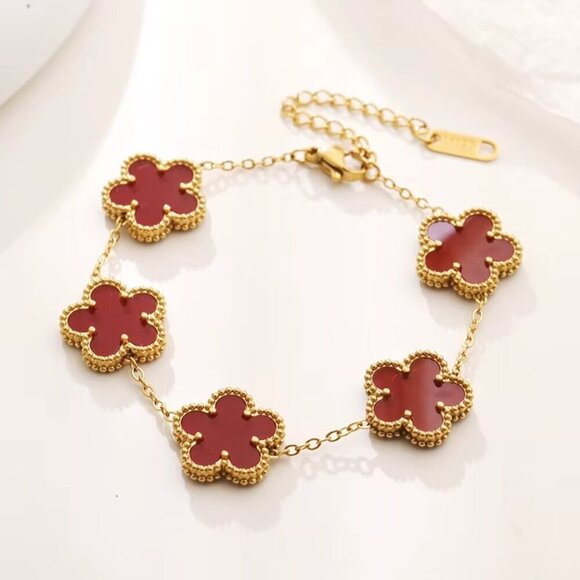 Gold-Toned Stainless Steel Red Flower Motif Bracelet - Picture 3 of 3